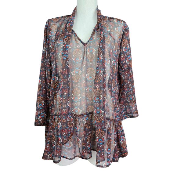 Womens KUT From the Kloth brown multicolor sheer blouse Size L TUNIC Boho NWT - Picture 3 of 6